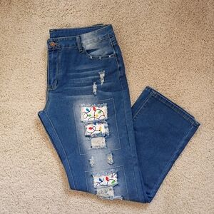 Trendy Blue Christmas Light Distressed Women's Straight Leg Jeans Size l